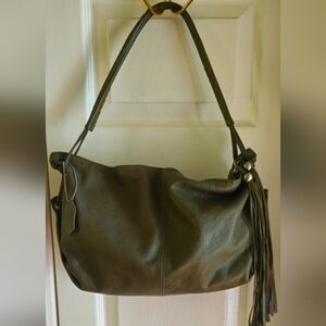 Unbrand Olive Green Leather Slouchy Shoulder Bag with Fringe Zipper Tassels